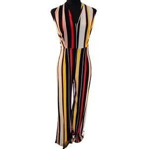 Striped Halter Neck Jumpsuit With Tie Back & Back Zipper Sexy and Causal Size M